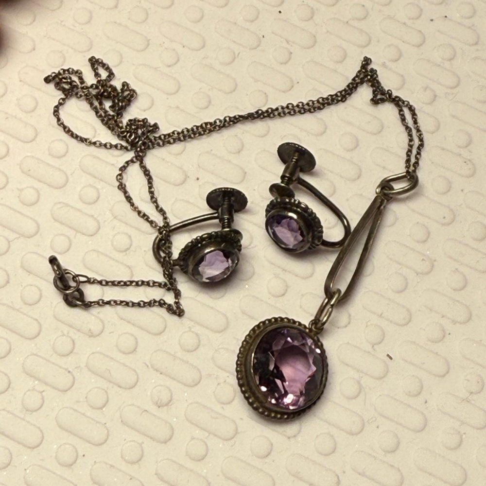 Elegant Purple Amethyst/ Sterling Art deco necklace/ earrings. Tested